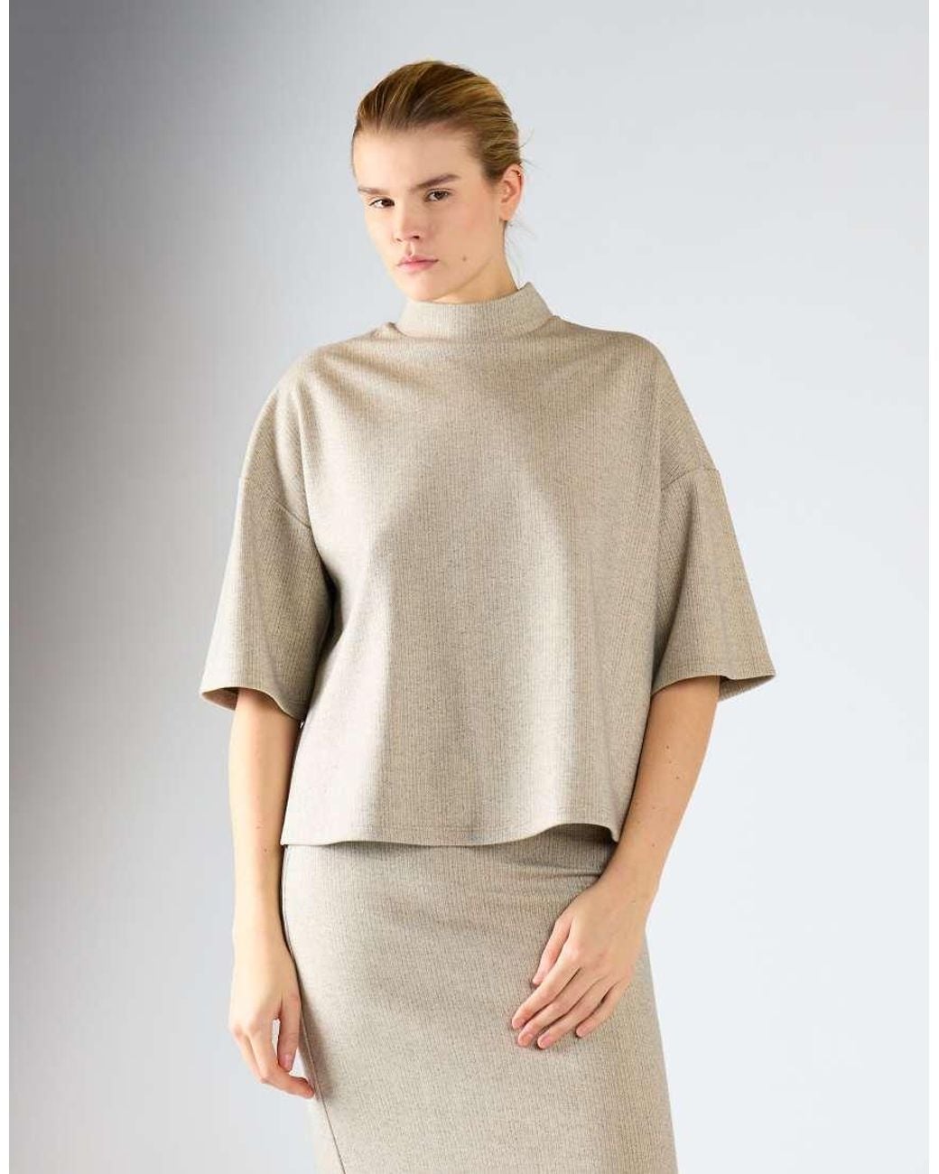 Glamorous Natural Oversized Mock-Neck Short-Sleeves Top