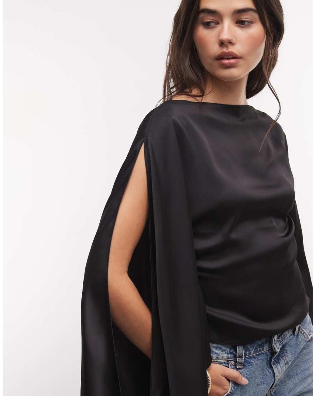 Monki Black Drape Satin Cape Long Sleeve Top