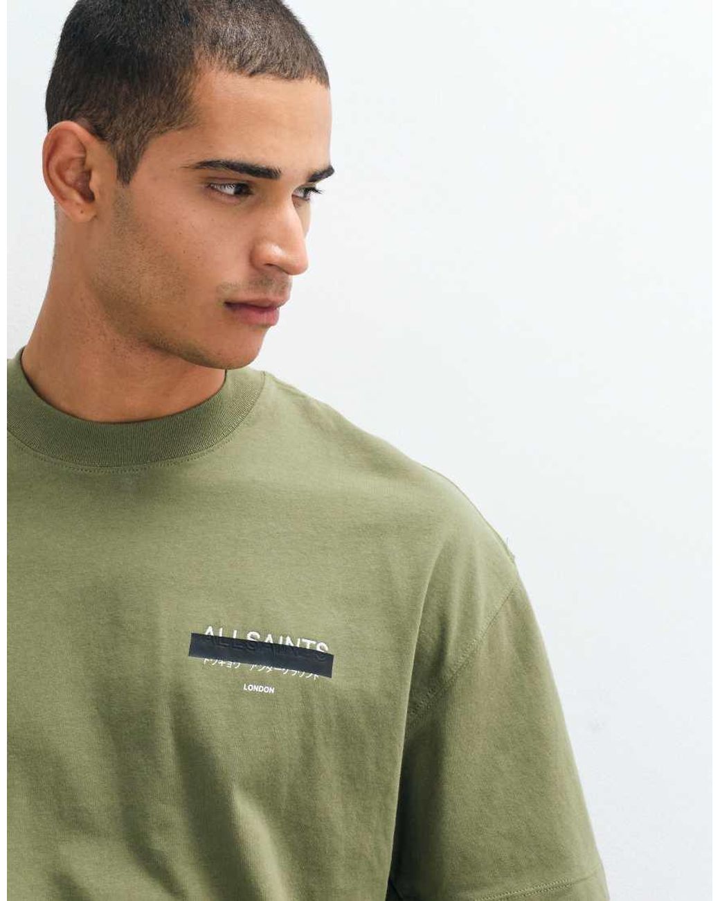 AllSaints Green Redact Oversized Embroidered Logo T-Shirt for men