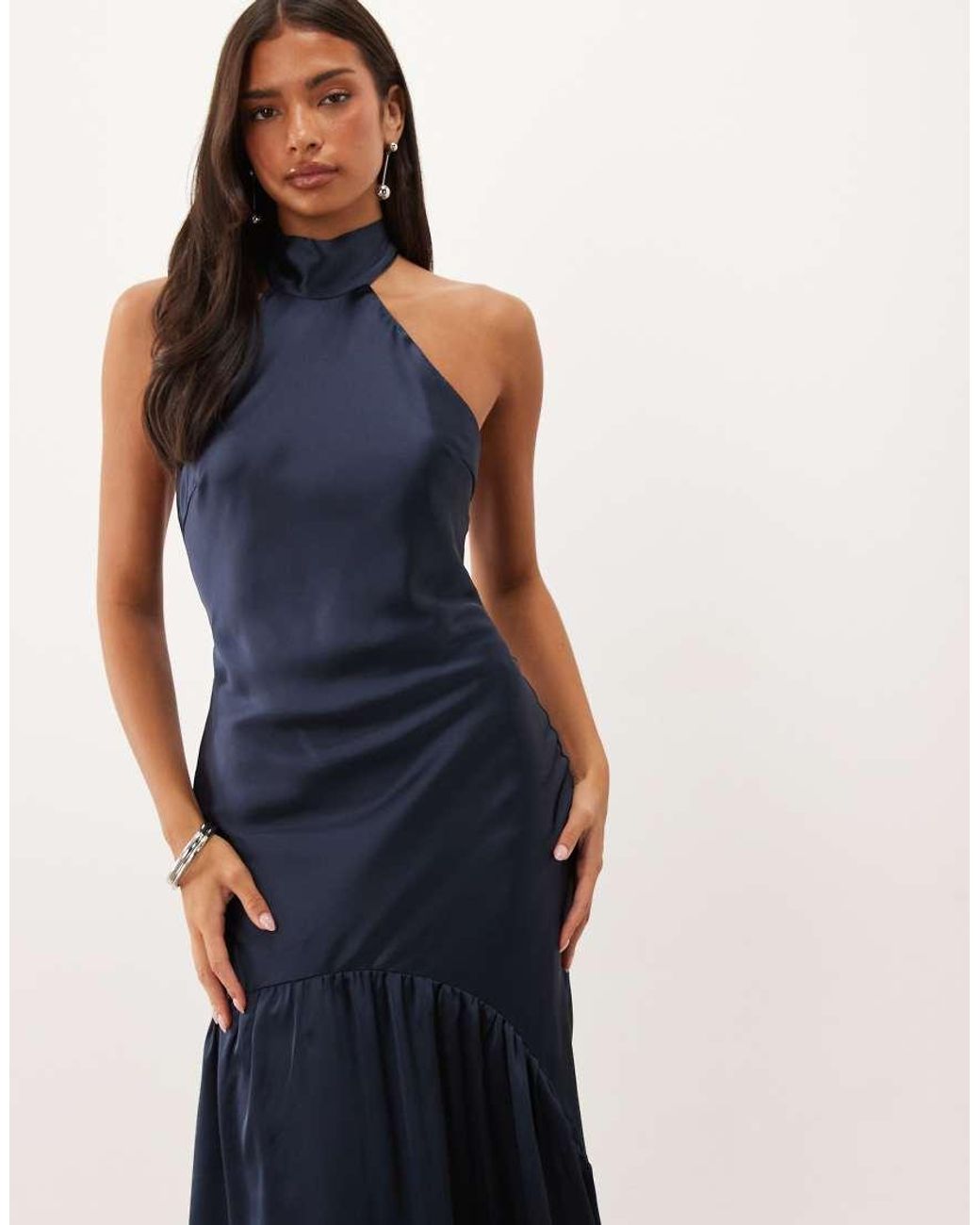 Pretty Lavish Blue Satin High Halter Neck Bias Backless Maxi Dress