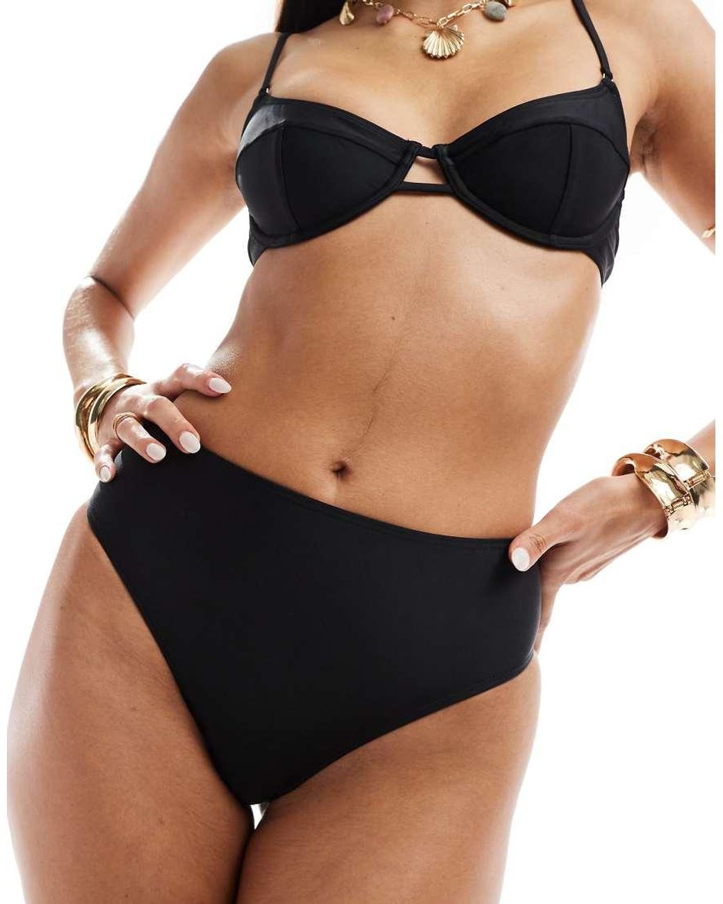South Beach Black Essentials High Waist High Leg Bikini Bottom
