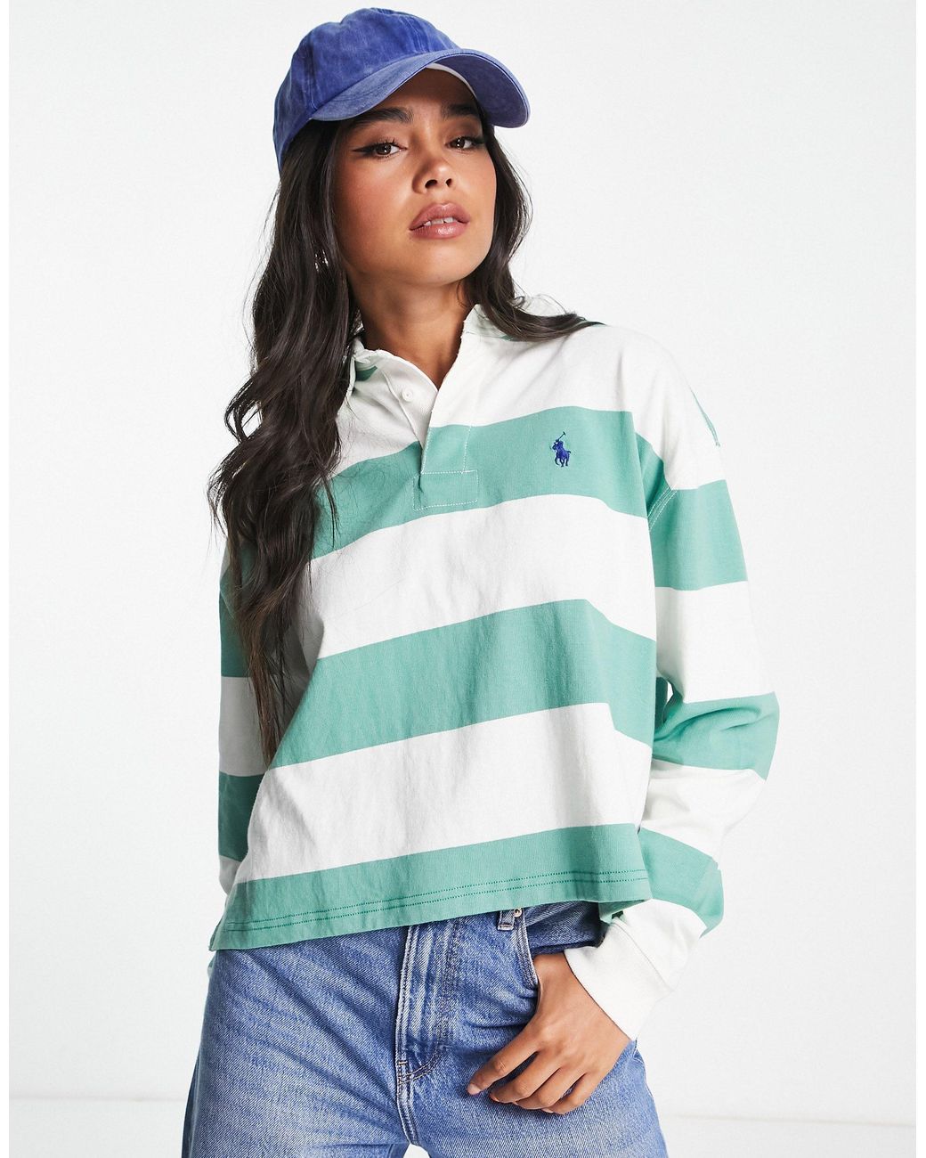 Polo Ralph Lauren Long Sleeve Cropped Rugby Shirt in Green | Lyst
