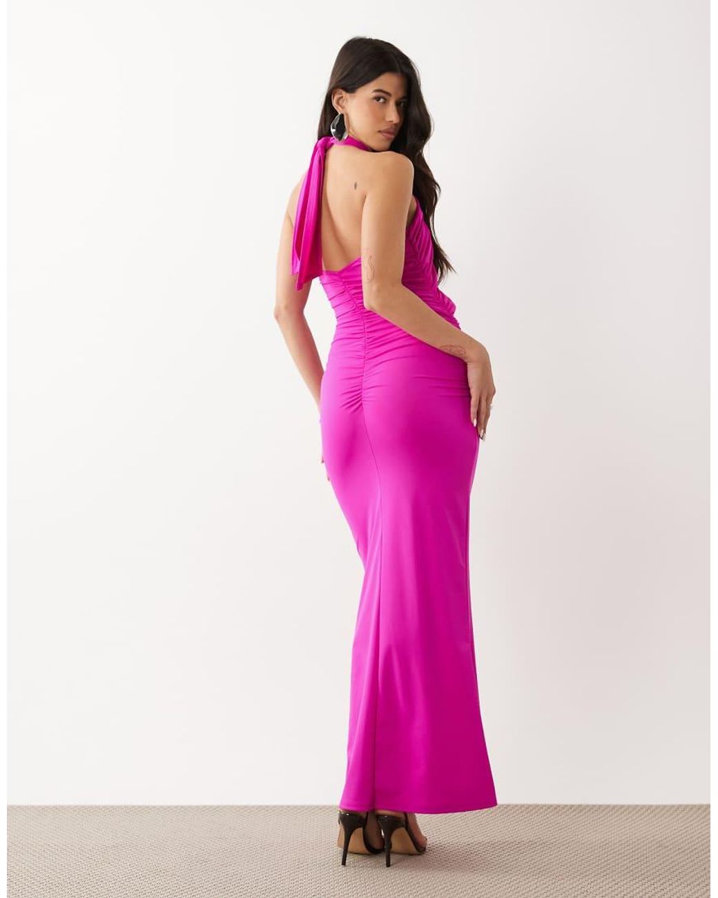 Murci Pink Slinky Crossover Halterneck Lace Insert Maxi Dress