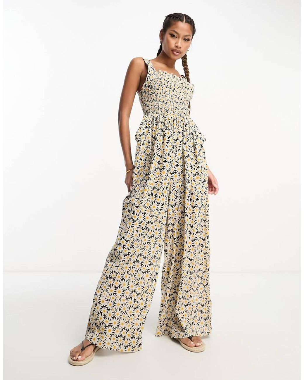 ASOS Natural Shirred Pinafore Jumpsuit