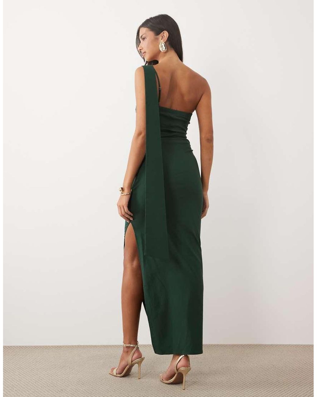TFNC London Green Bengaline One Shoulder Draped Maxi Dress