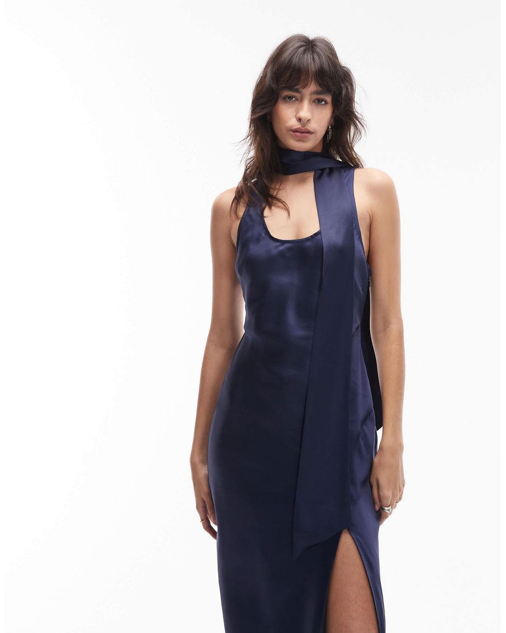 ASOS Sleeveless Satin Maxi Dress With Scarf Detail in Blue | Lyst