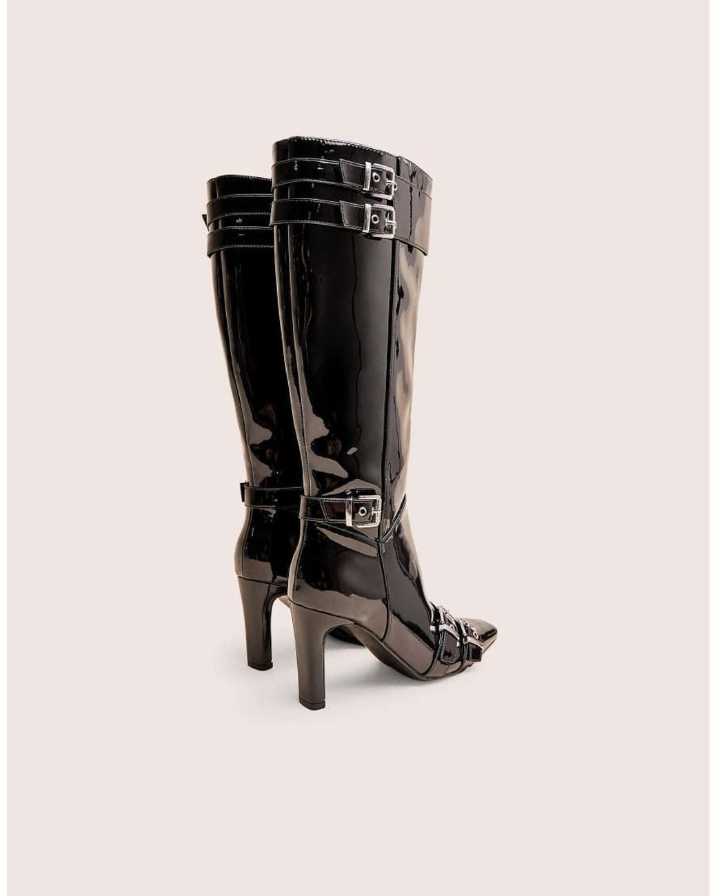 Public Desire Black Ines Patent Buckle Detail Knee High Heeled Boots