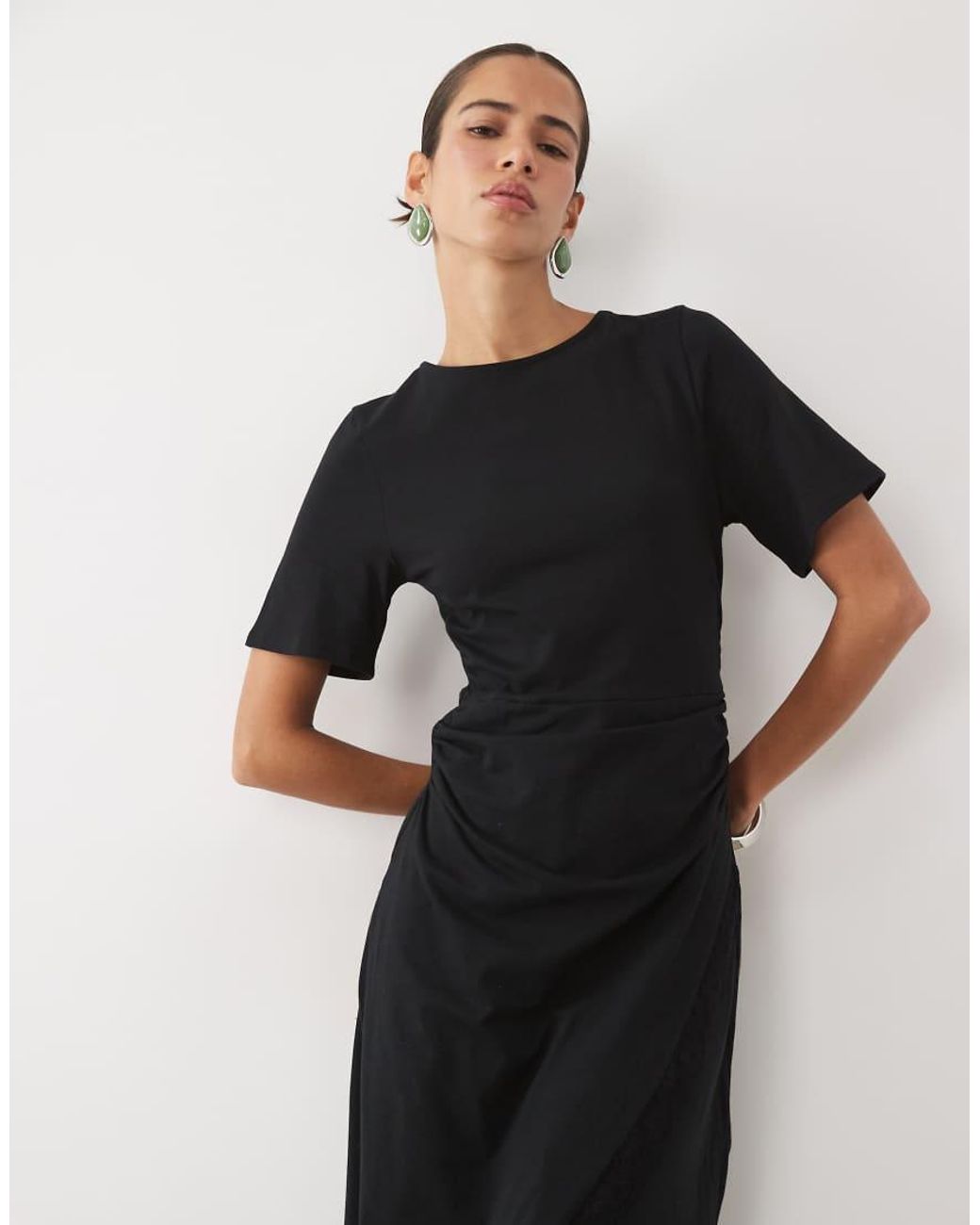ASOS Black Short Sleeve With Lace Detail With Asymmetric Midi Dress