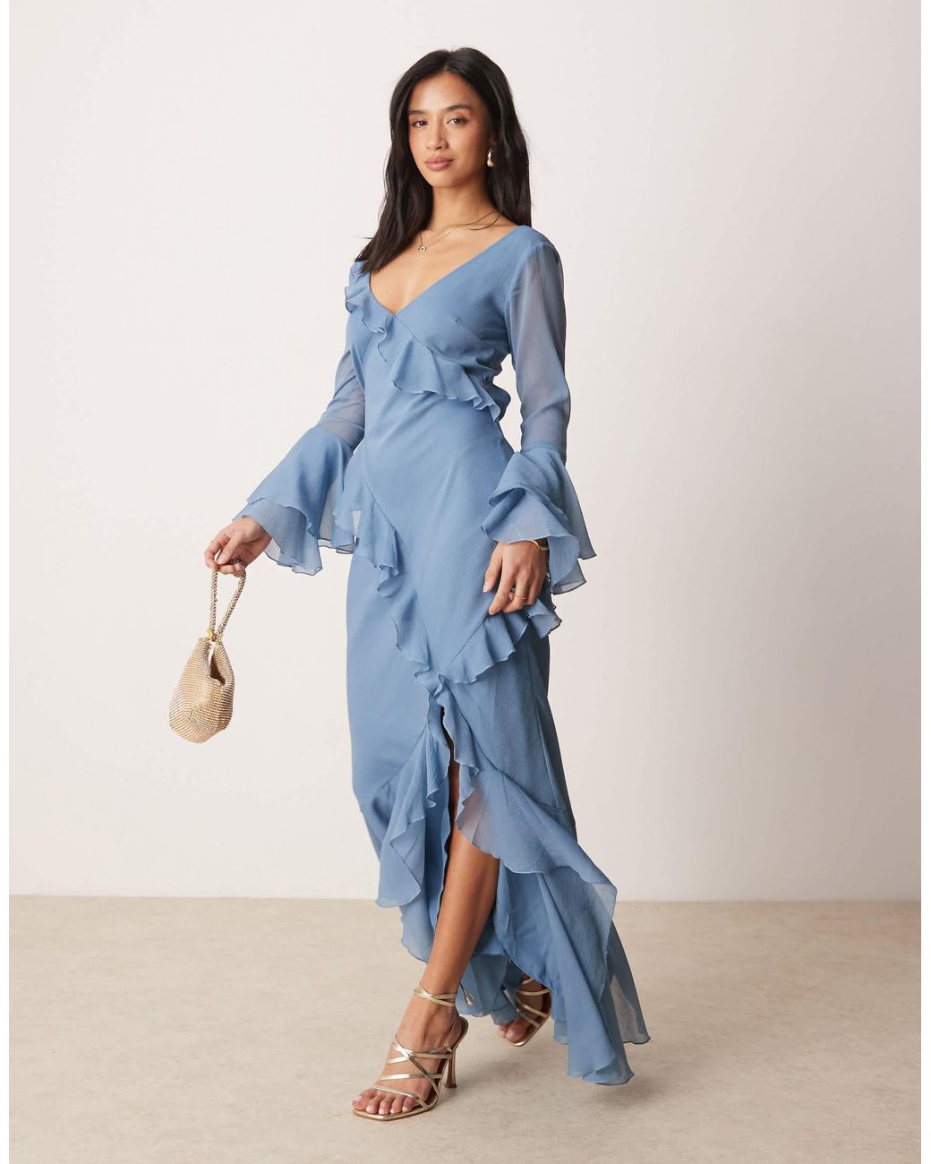 ASOS Asos Design Petite V Neck Long Sleeve Ruffle Maxi Dress With Cut Out  Back in Blue | Lyst