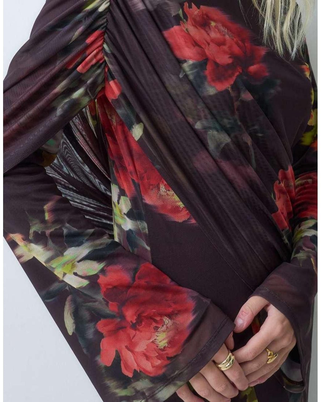 ASOS Multicolor Draped High Neck Printed Floral Mesh Maxi Dress With Open Back Detail