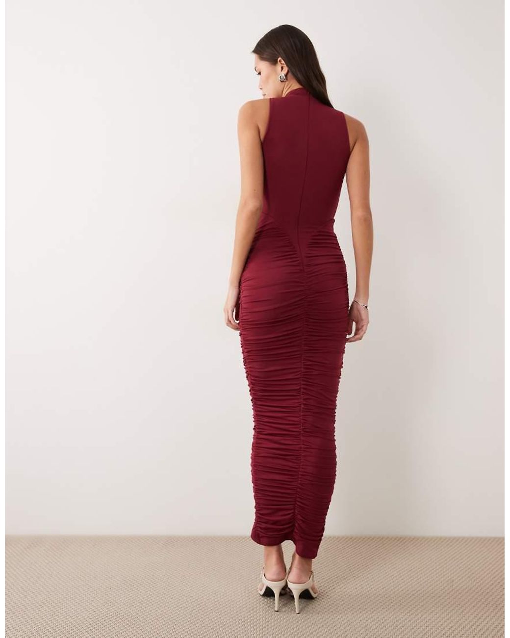 Ruched & Ready Red Sculpted Semi Sheer Mesh High Neck Sleeveless Bodycon Maxi Dress