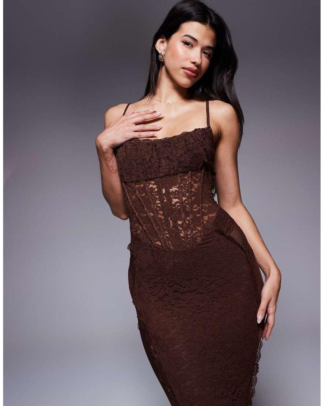 Murci Purple Exclusive Sheer Lace Corset Detail Cami Maxi Dress