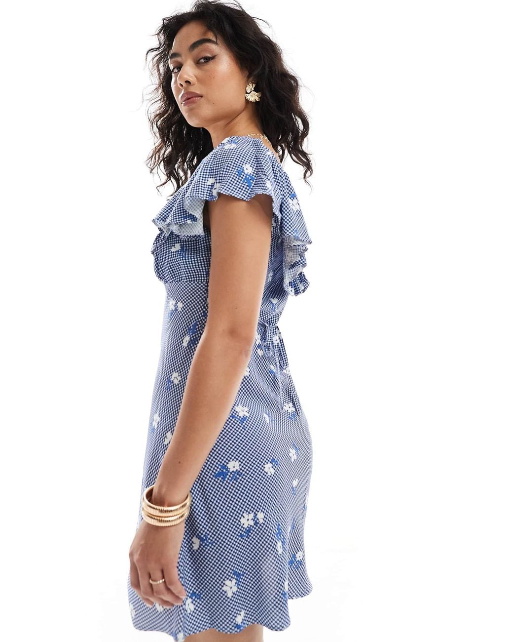 New Look Blue Gingham Floral Square Neck Frill Mini Dress