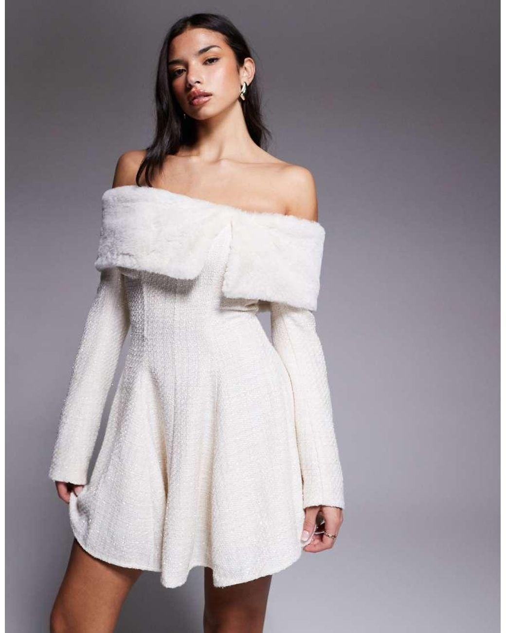 ASOS White Boucle Mini Dress With Faux-fur Trim