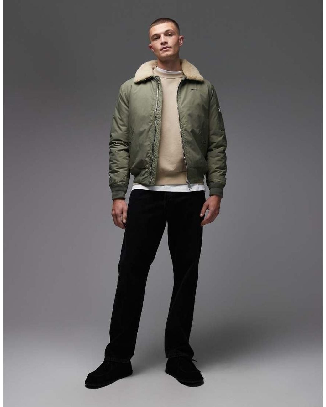 Schott Nyc Gray Logo Patch Zip Pocket Detail Cropped Padded Jacket With Faux Fur Collar for men