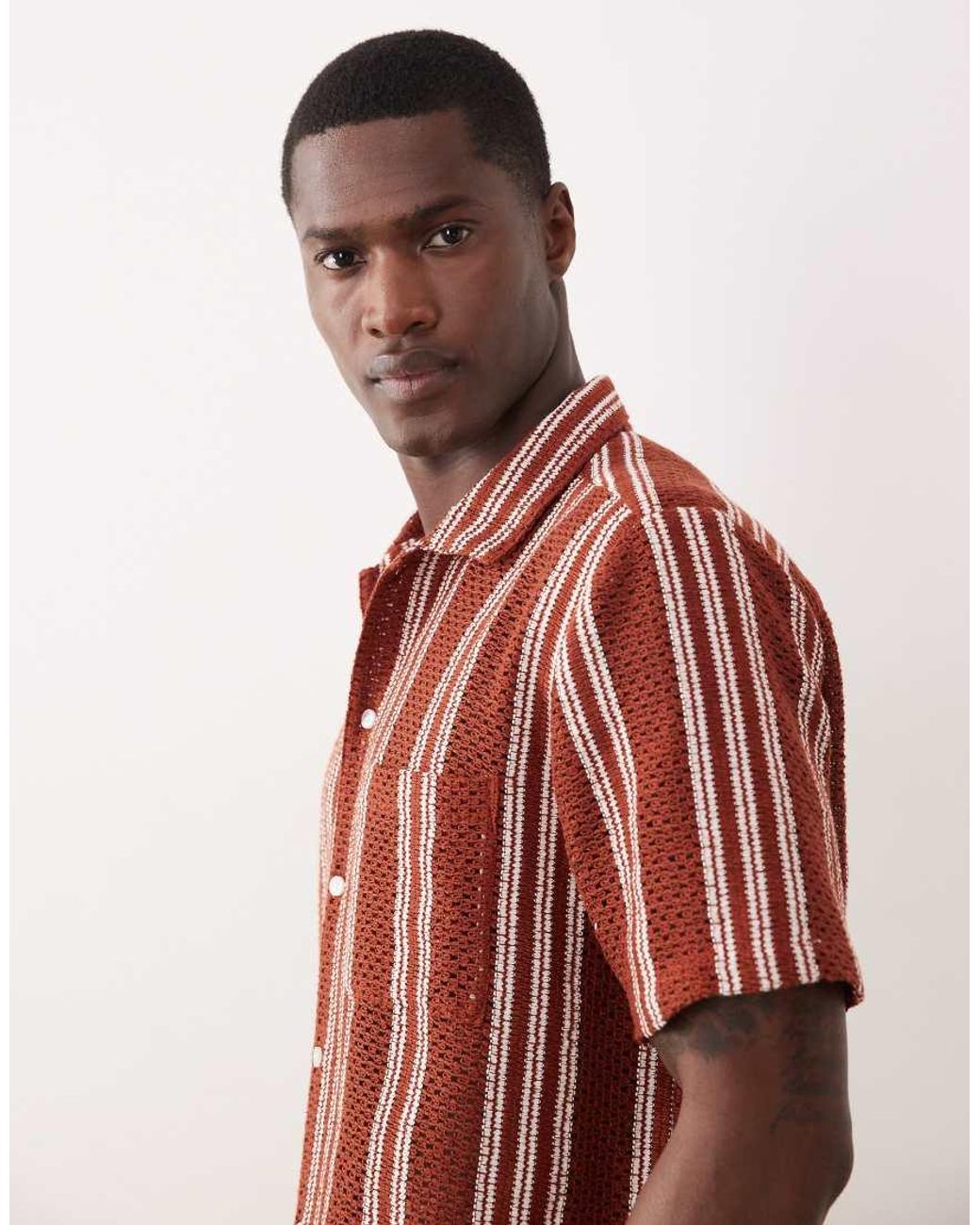 New Look Red Co-Ord Crochet Stripe Shirt for men