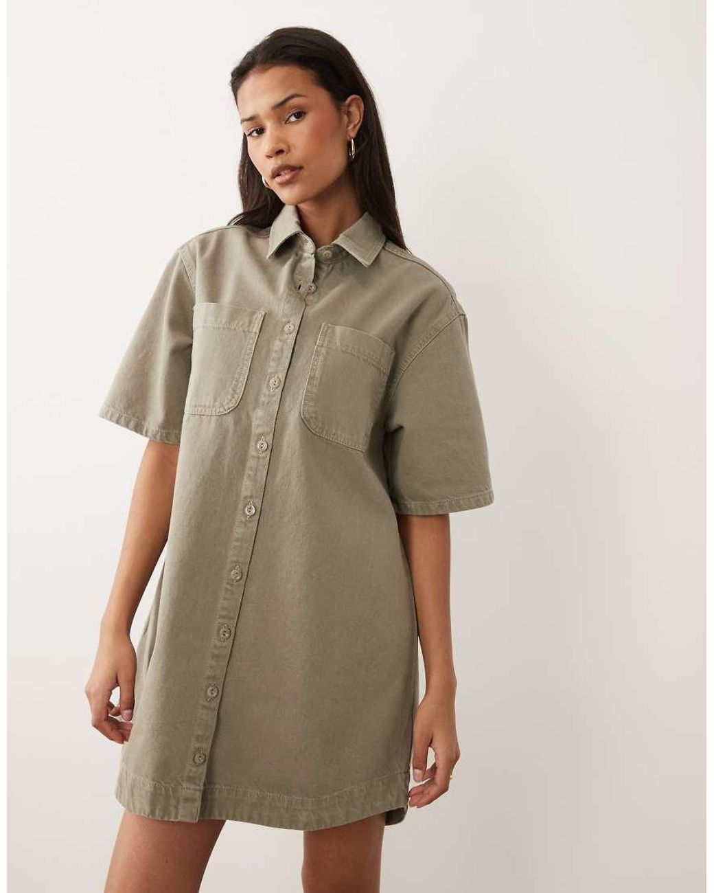ASOS Natural Denim Boxy Shirt Dress With Pocket Detail