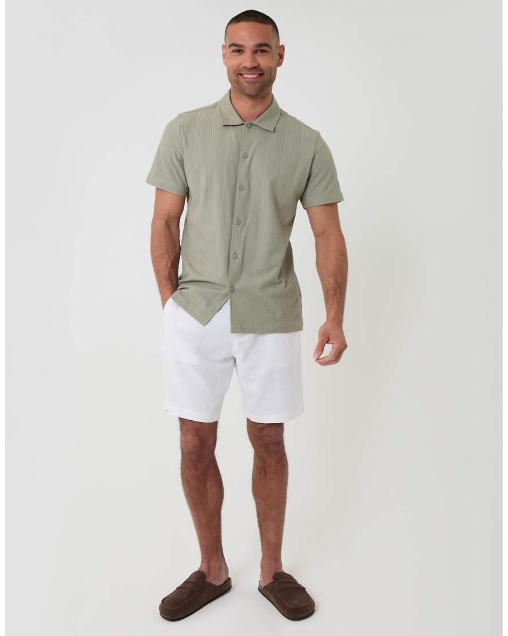 Threadbare Brown Knitted Cotton Blend Short Sleeve Shirt for men