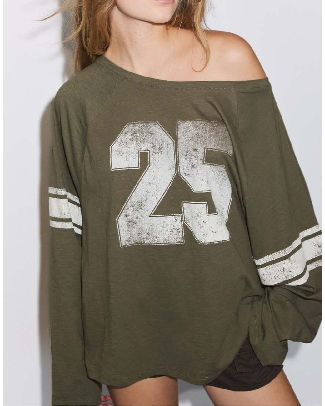 Stradivarius Green Boat Neck Long Sleeve T-shirt With Placement Print