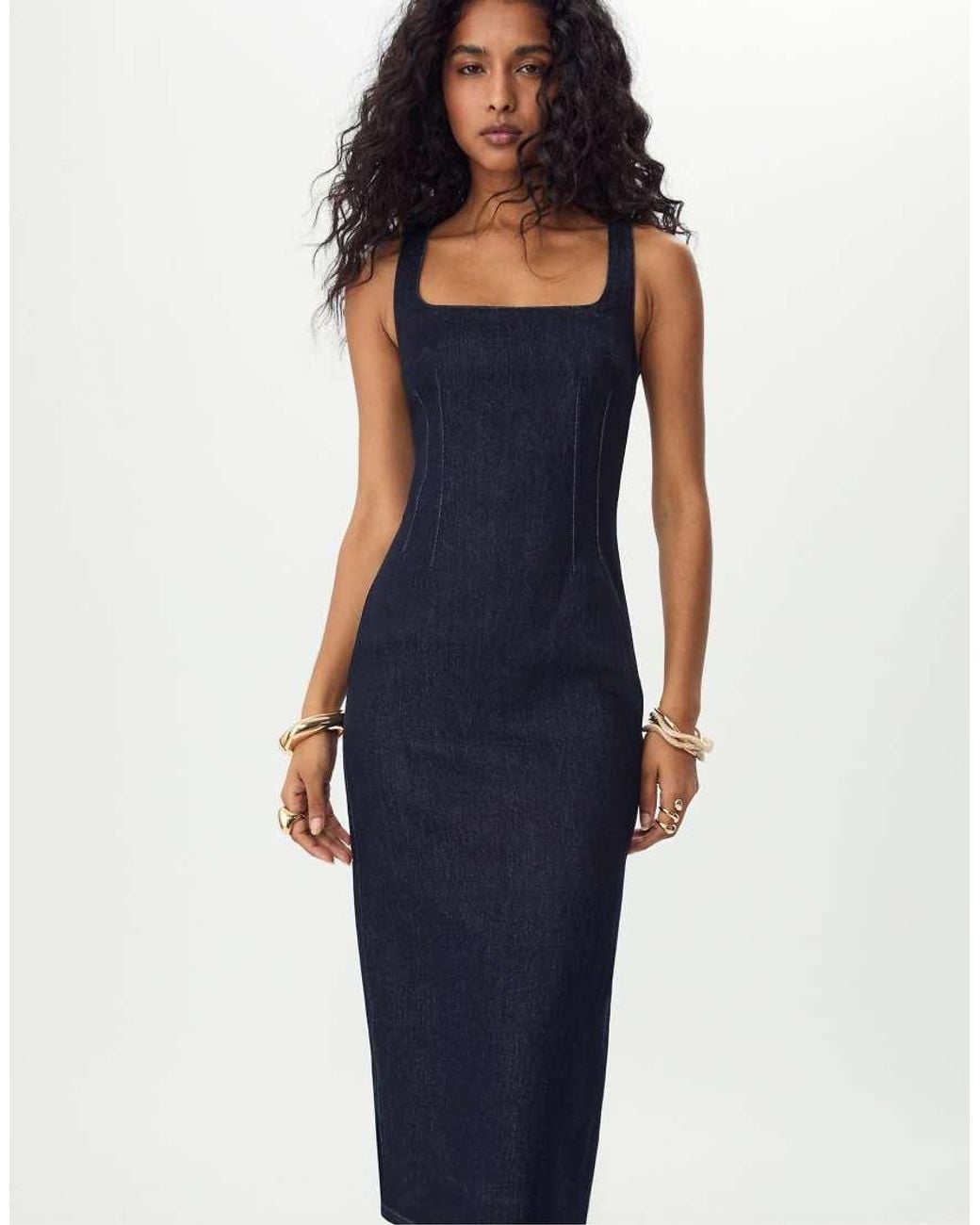 Stradivarius Blue Denim Midi Dress