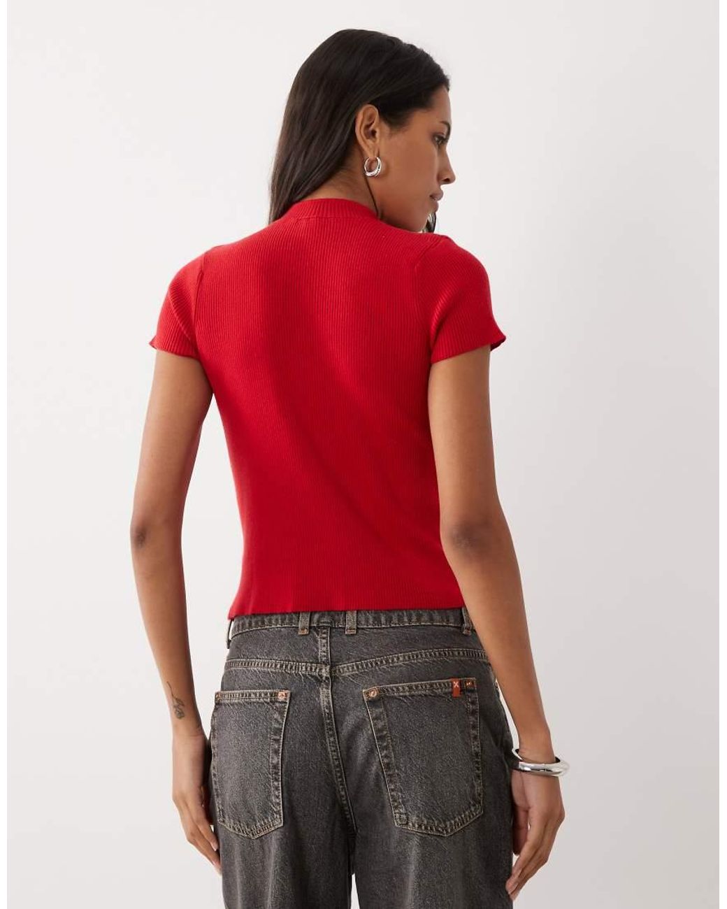Miss Selfridge Red Knit Mandarin Collar Top