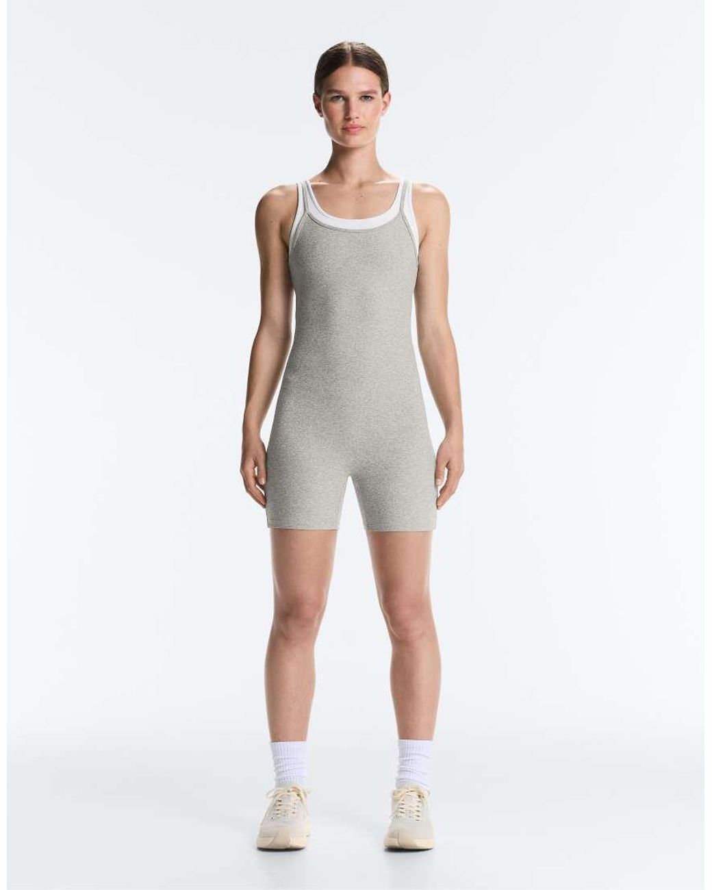 Oysho White Comfortlux Short Jumpsuit With Heathered Overlay