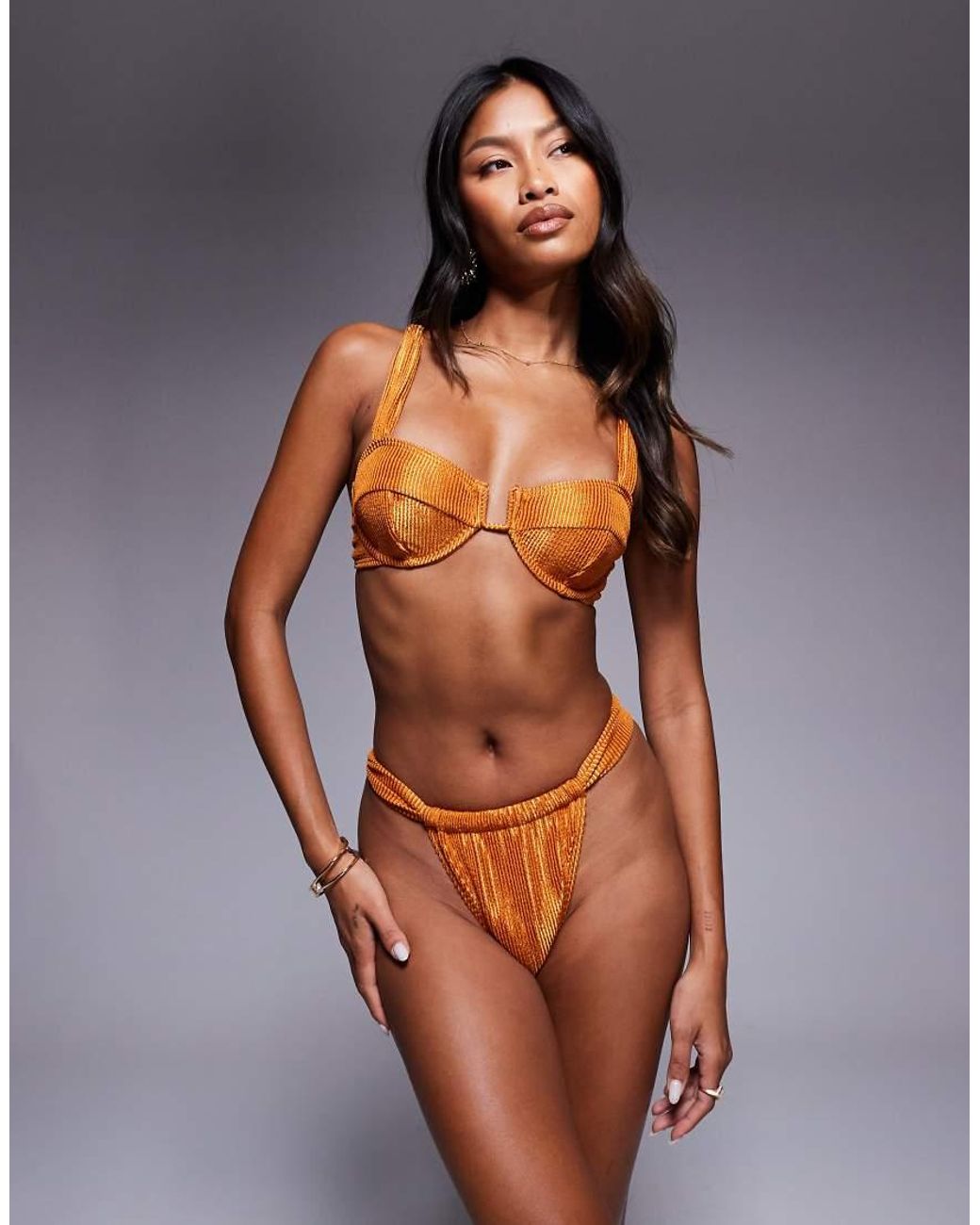 South Beach Orange Crinkle Ruched Side Bikini Bottom