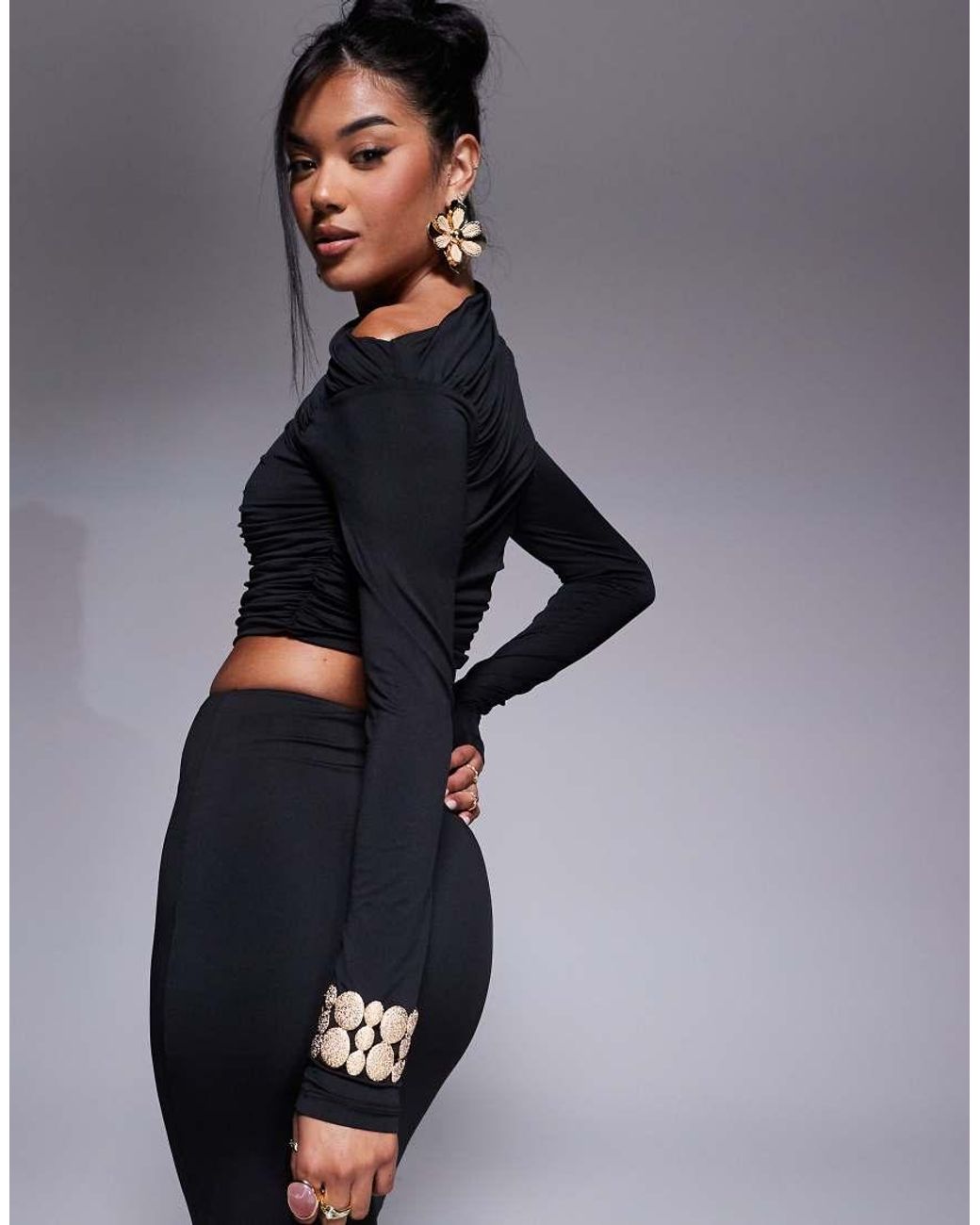 Aria Cove Black Slinky Off Shoulder Long Sleeve Cropped Top Co-Ord
