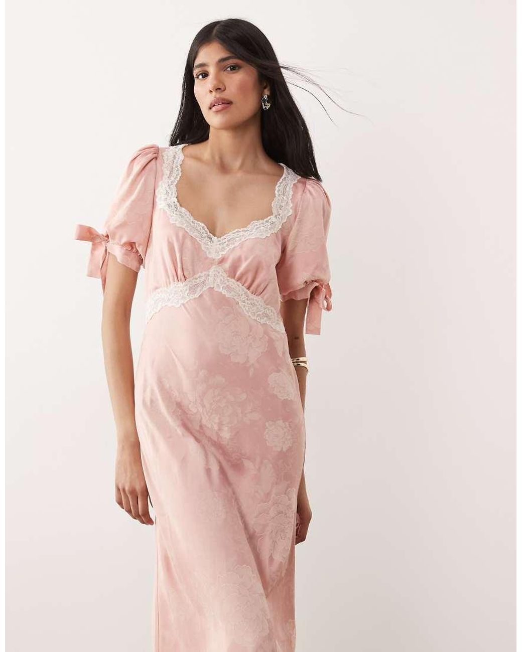 Hope & Ivy Pink Satin Jacquard Lace Trim Tie Sleeve Midi Dress