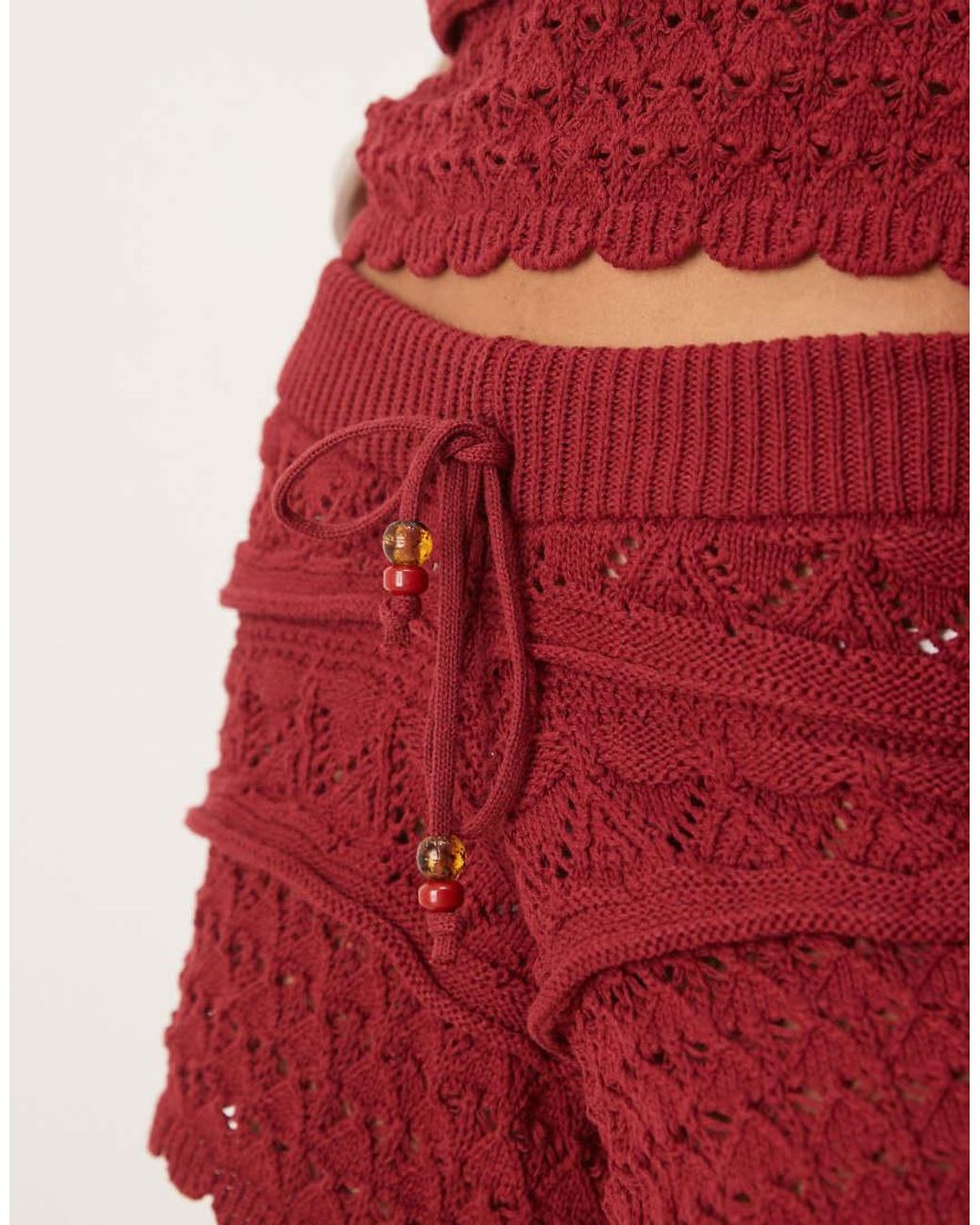 ASOS Red Crochet Knit Short Co-ord With Beaded Front Tie