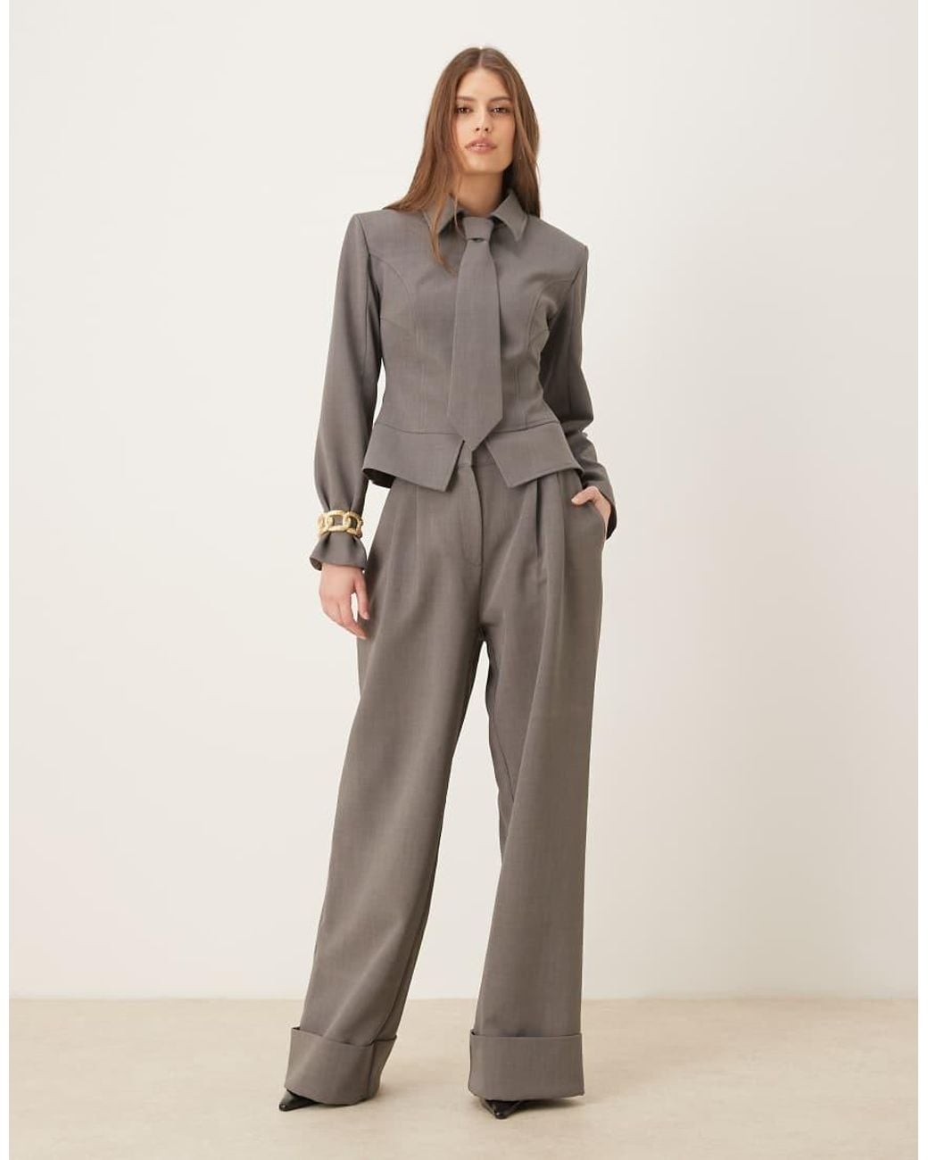 Wanderdoll Natural Exclusive Gabriella Turned Up Tailored Wide Leg Trousers Co-Ord