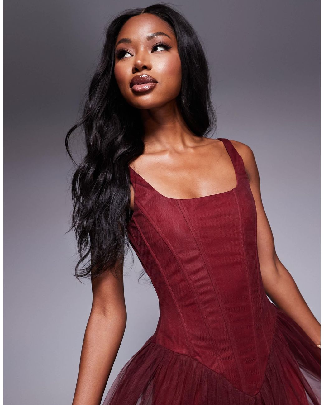 LACE & BEADS Drop Waist Corset Detail Maxi Dress in Red | Lyst