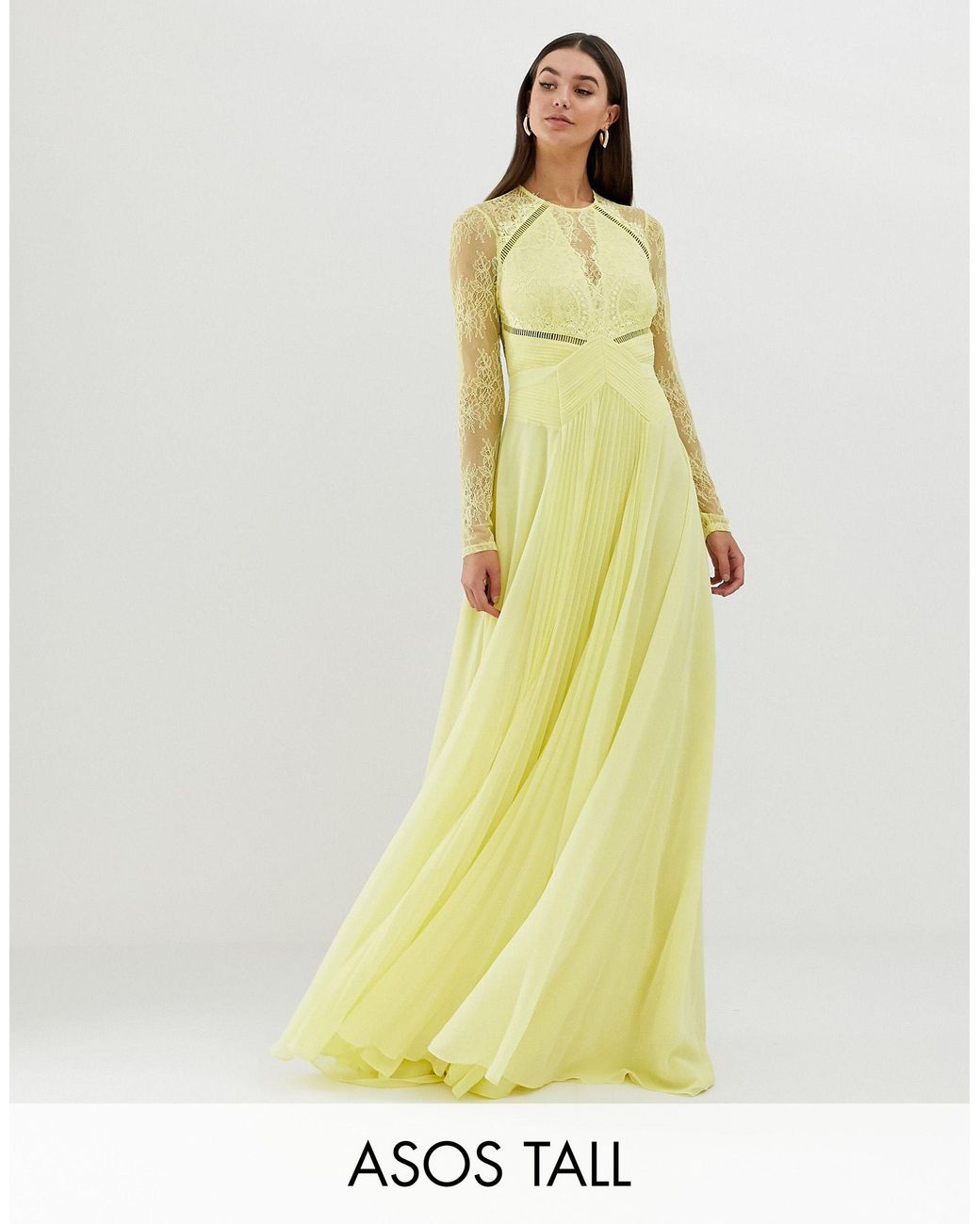 ASOS Asos Design Tall Long Sleeve Lace Panelled Pleat Maxi Dress in Yellow  | Lyst UK