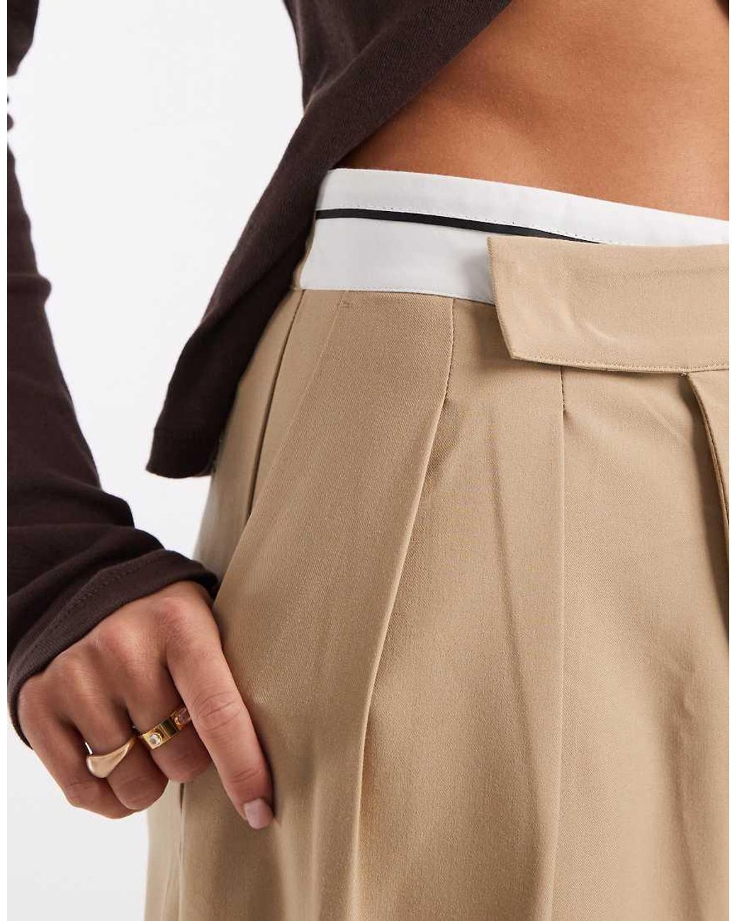 ASOS Natural Decon Tailored Wide Leg Deconstructed Contrast Waistband Trousers