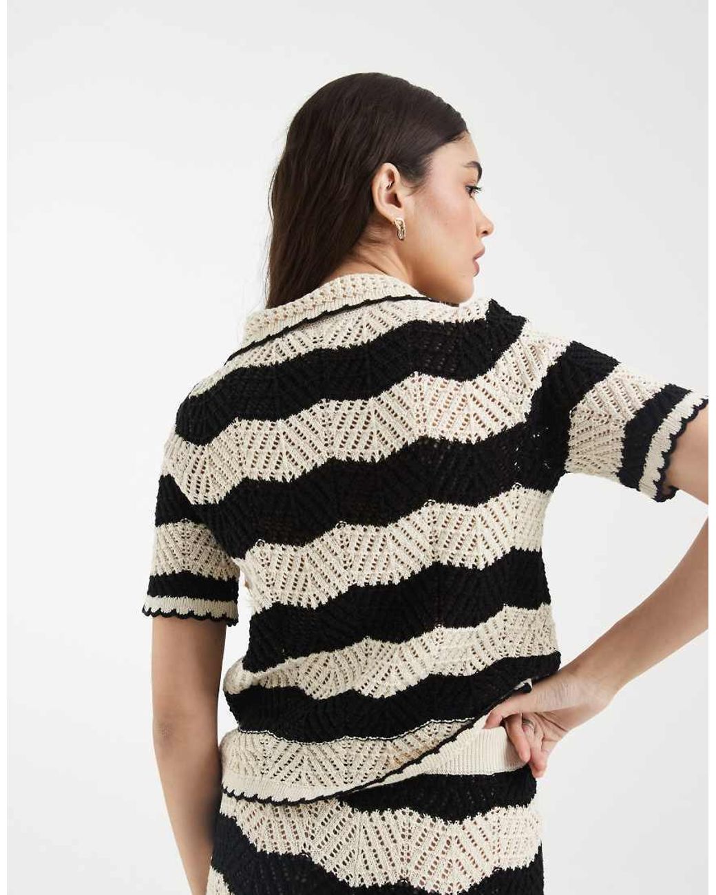 Vero Moda Black Crochet Knit Button Front Polo Top Co-ord