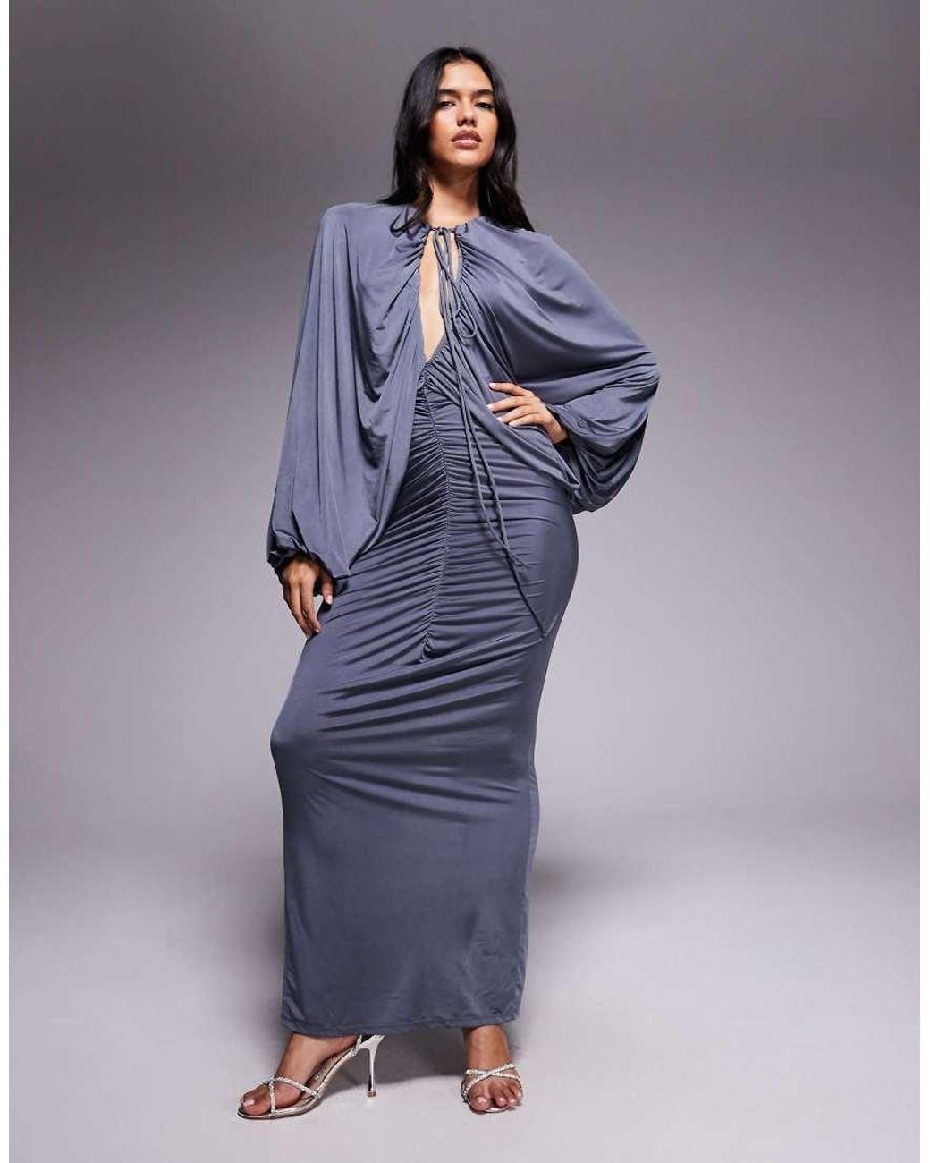 ASOS Blue Slinky Winged Sleeve Ruched Maxi Dress