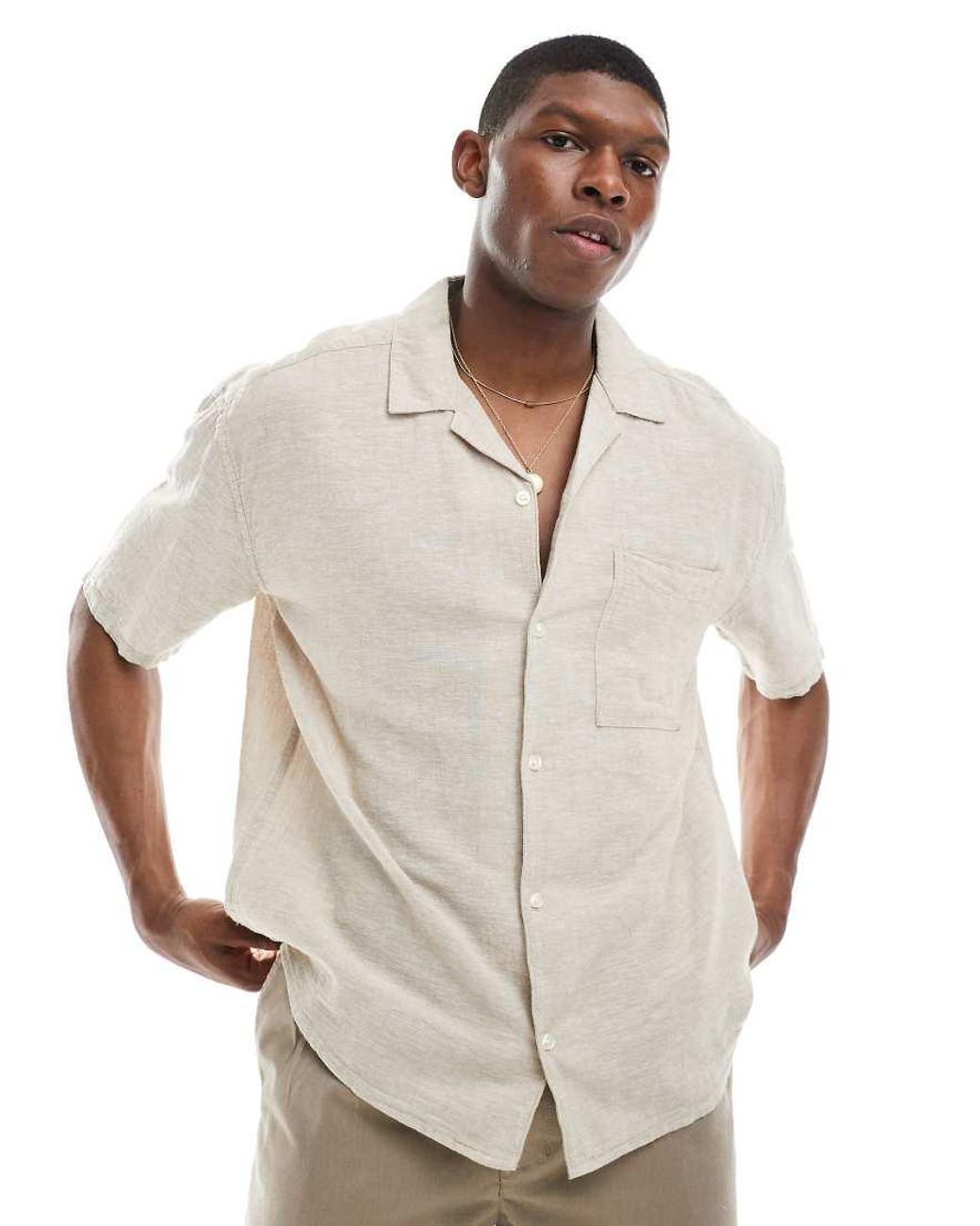 Only & Sons White Linen Mix Relaxed Resort Shirt for men