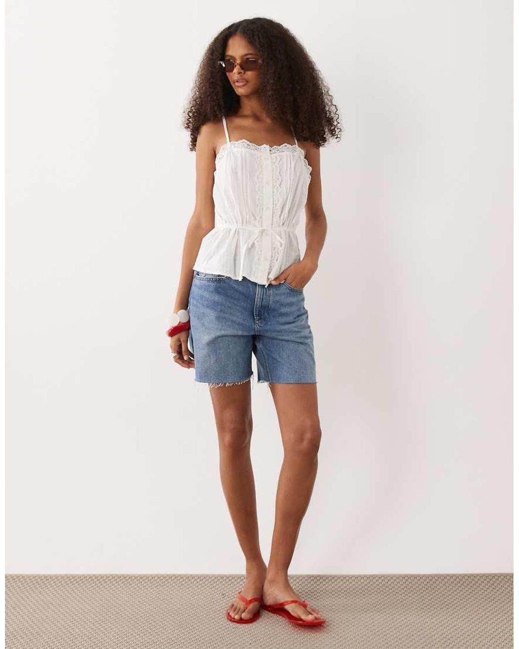 Jdy Blue Tie Waist Cami Top With Lace Details