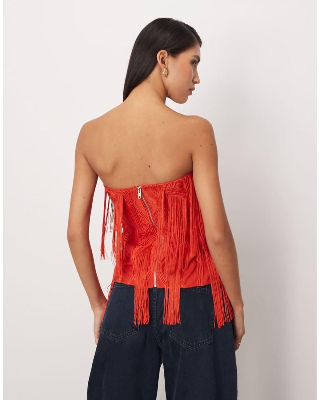 ARRANGE Red Embroide Cornelli Fringe Bandeau Top