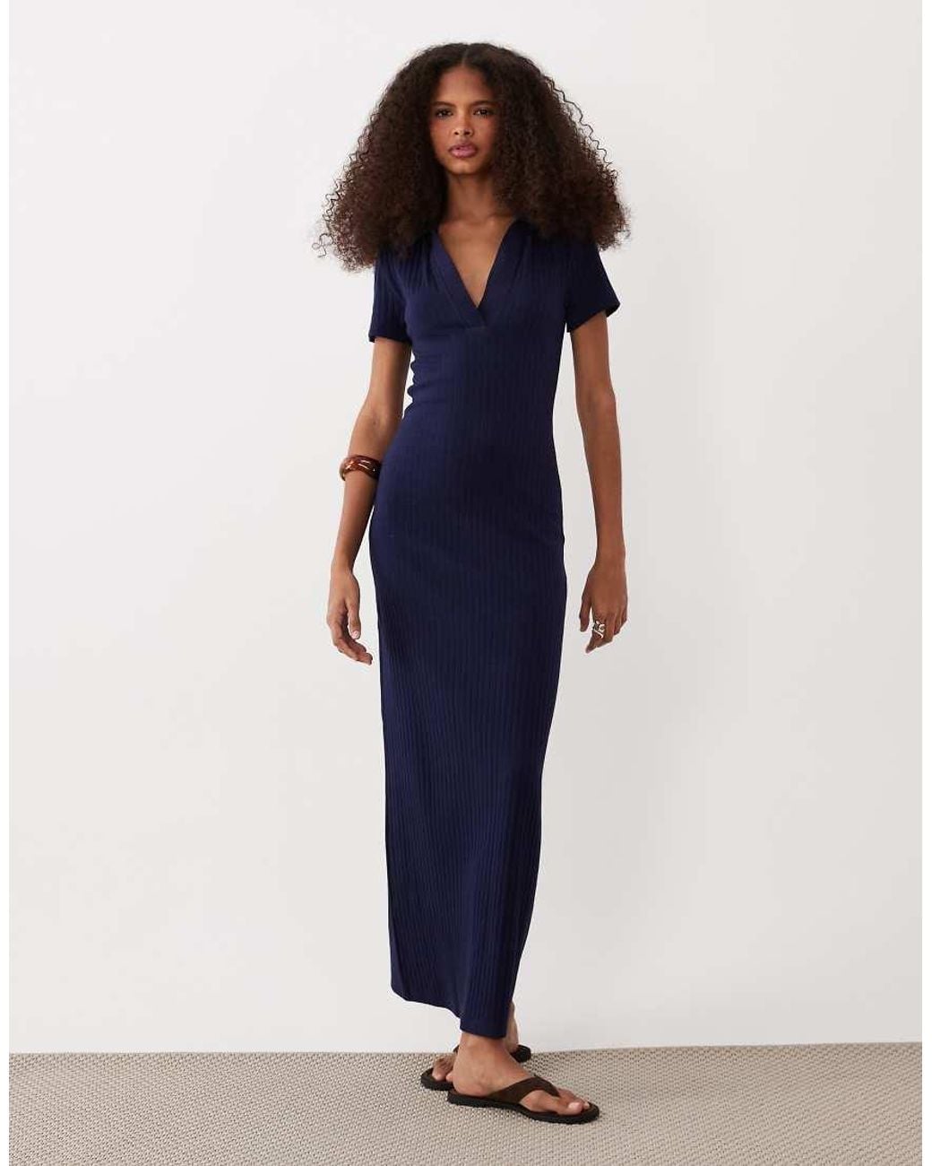 ASOS Blue Ribbed Short Sleeve Polo Midi Dress