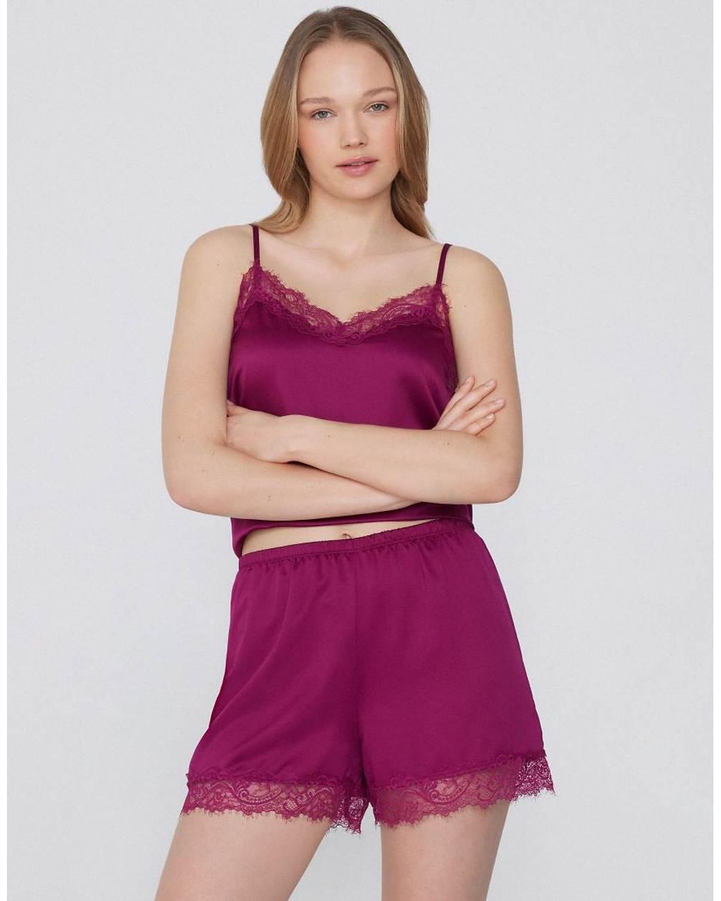 Tezenis Purple Satin And Lace Shorts