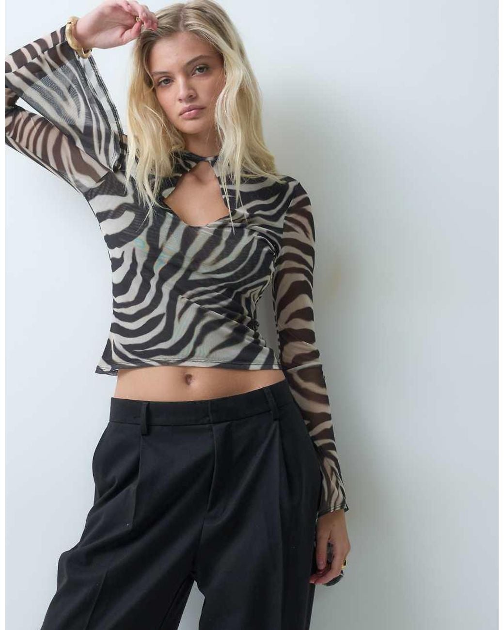 ASOS Brown Flared Sleeve Key Hole Zebra Top