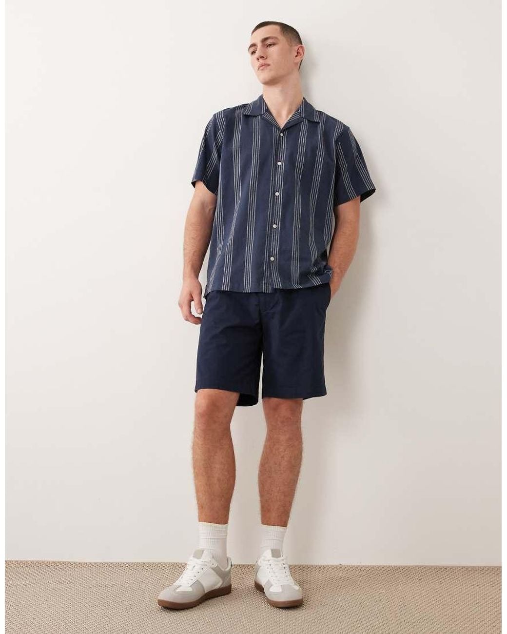 Jack & Jones Blue Linen Mix Short Sleeve Shirt With Stripes for men