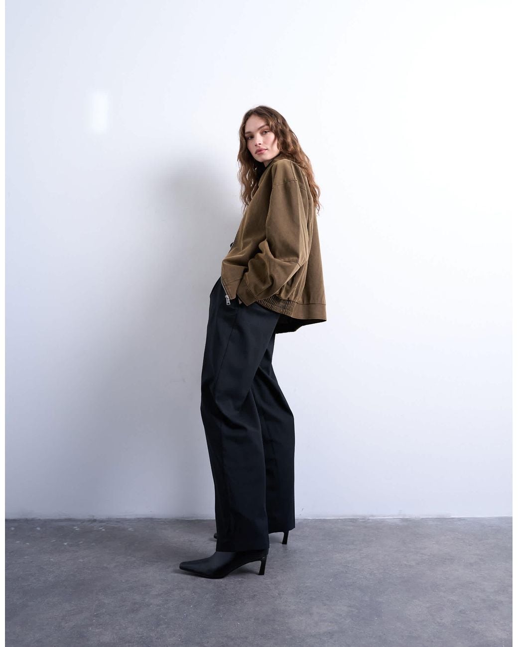 TOPSHOP Brown Faux Suede Super Oversized Quilted Lined Bomber Jacket With Patch Pockets