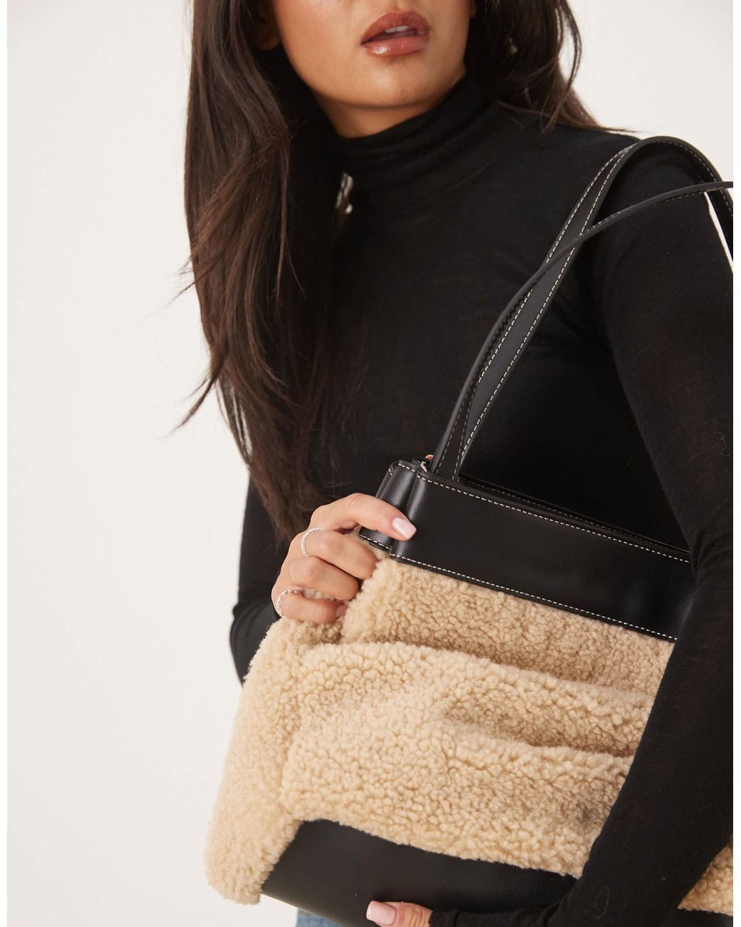 ASOS Black Faux Shearling Tote With Contrast Panel