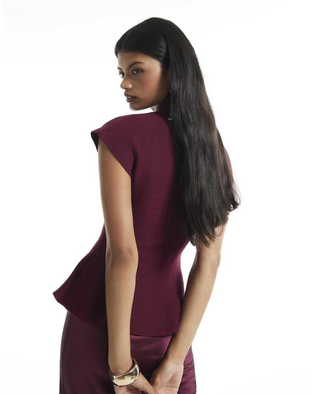 River Island Purple Burgundy Hybrid Satin Knit Peplum Maxi Dress