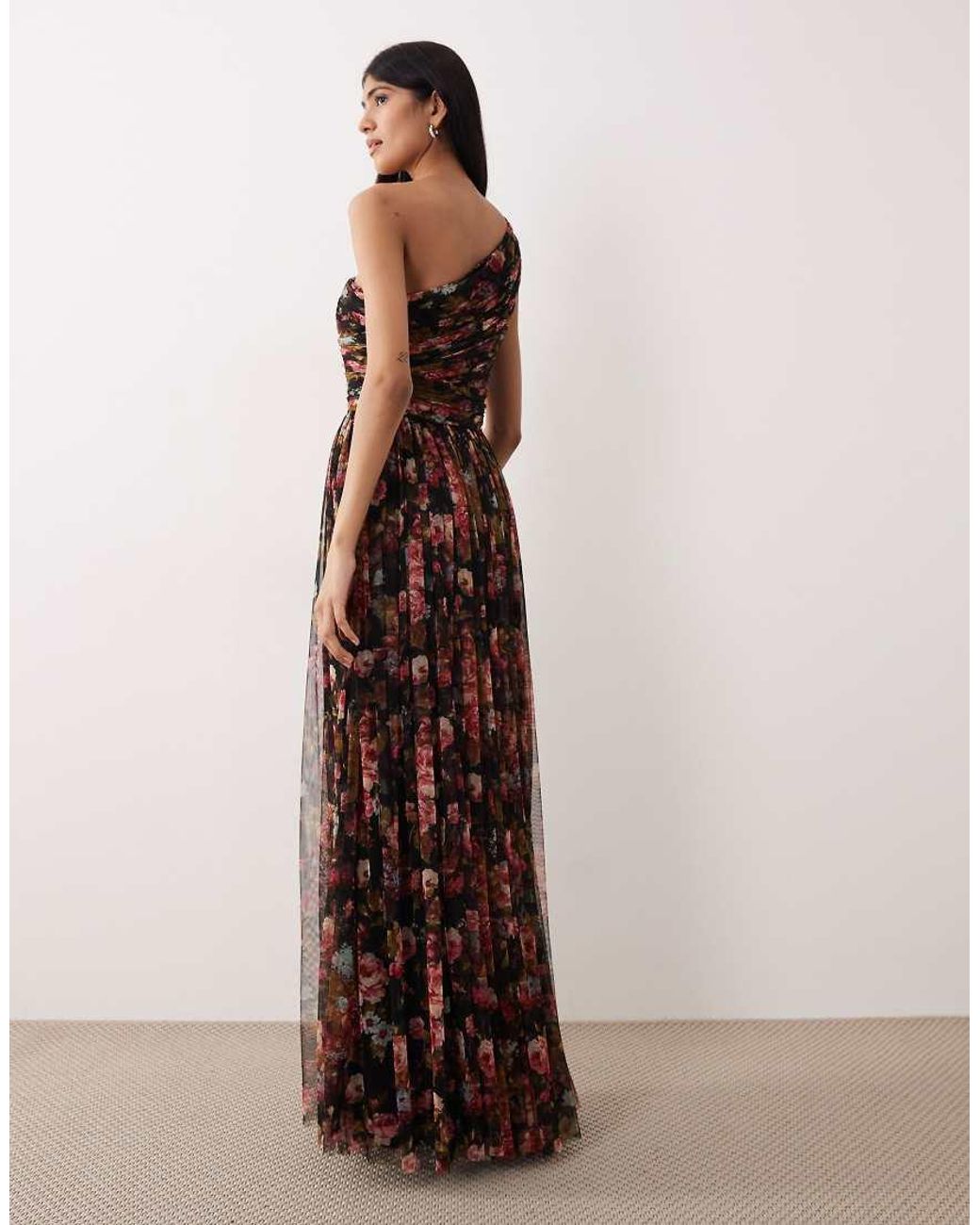 LACE & BEADS Brown Tulle One Shoulder Maxi Dress