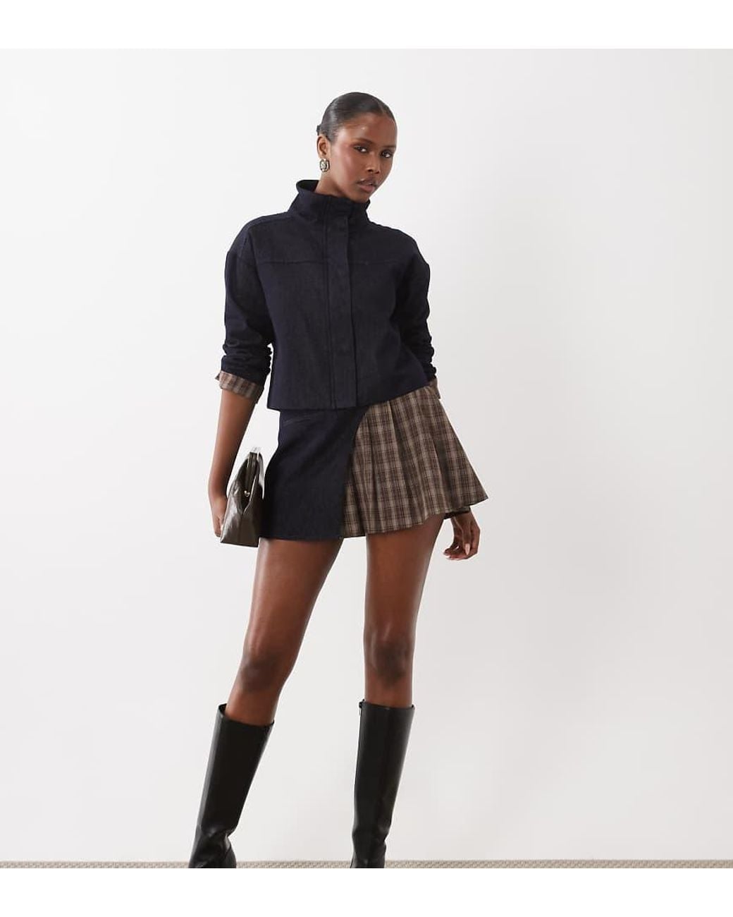 The Frolic Black Exclusive Denim Pleated Contrast Check Mini Skirt Co-Ord
