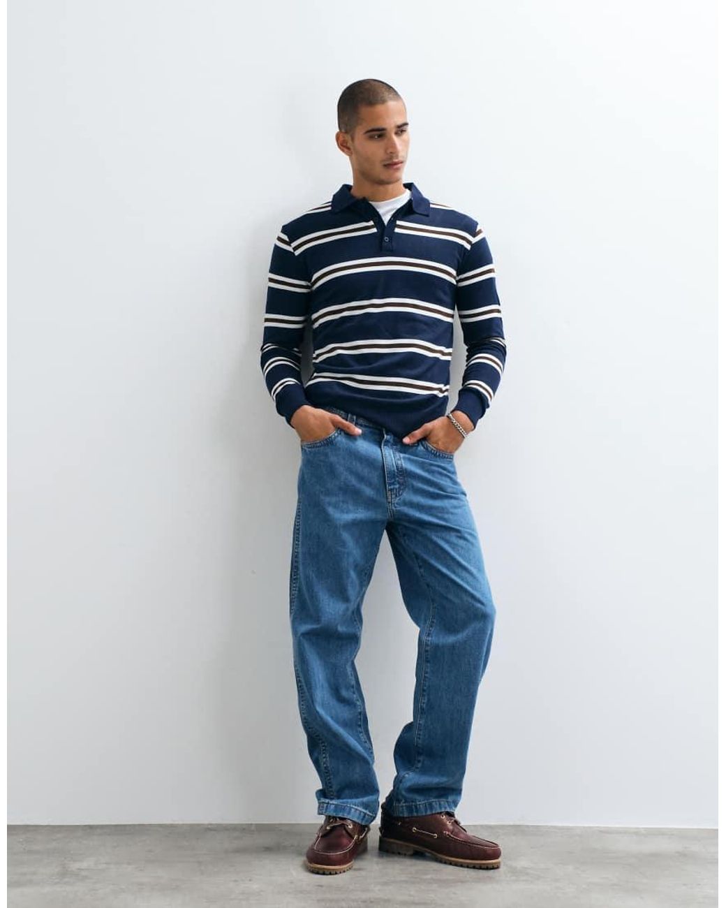 Brave Soul Blue Striped Knitted Polo Sweater for men
