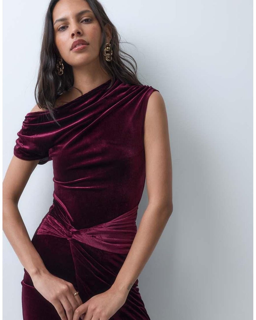 New Look Purple Velvet Fallen Shoulder Knot Detail Midi Dress